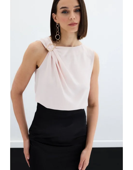 Tek Omuz Detaylı Bluz - Pudra