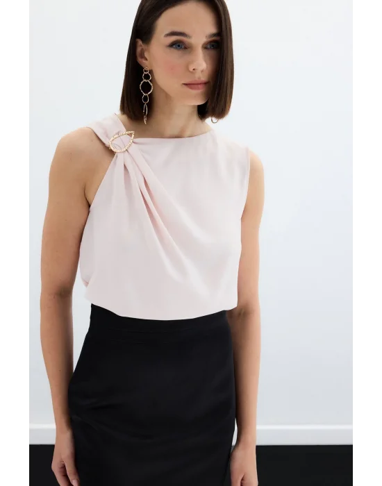 Tek Omuz Detaylı Bluz - Pudra