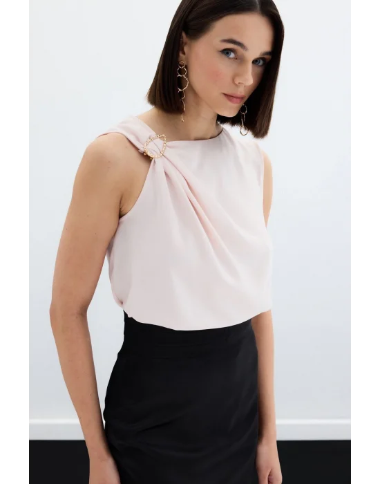 Tek Omuz Detaylı Bluz - Pudra