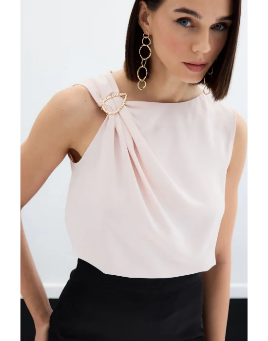 Tek Omuz Detaylı Bluz - Pudra