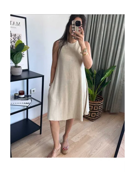 Sıfır Kol Keten Elbise
