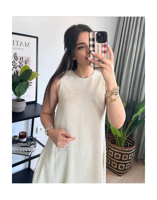 Sıfır Kol Keten Elbise