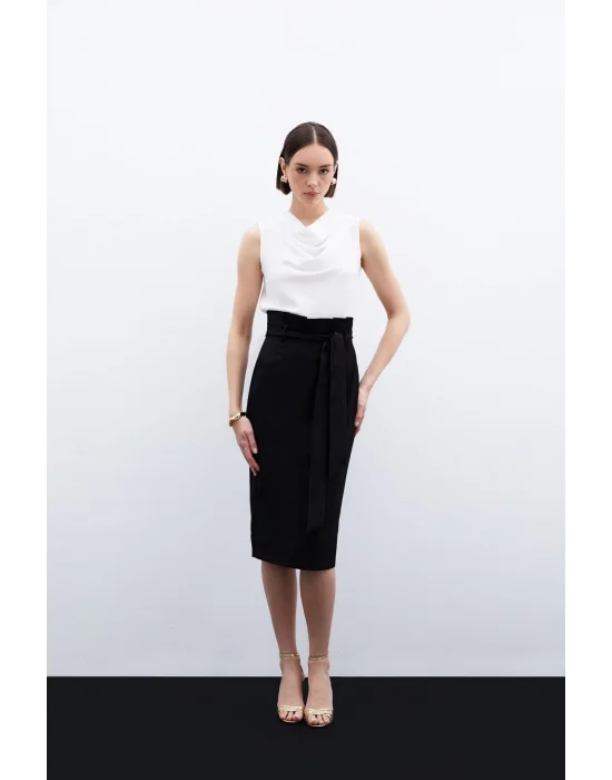 Kuşaklı Kalem Etek - Siyah