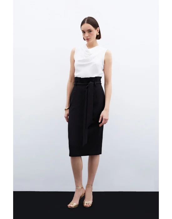 Kuşaklı Kalem Etek - Siyah