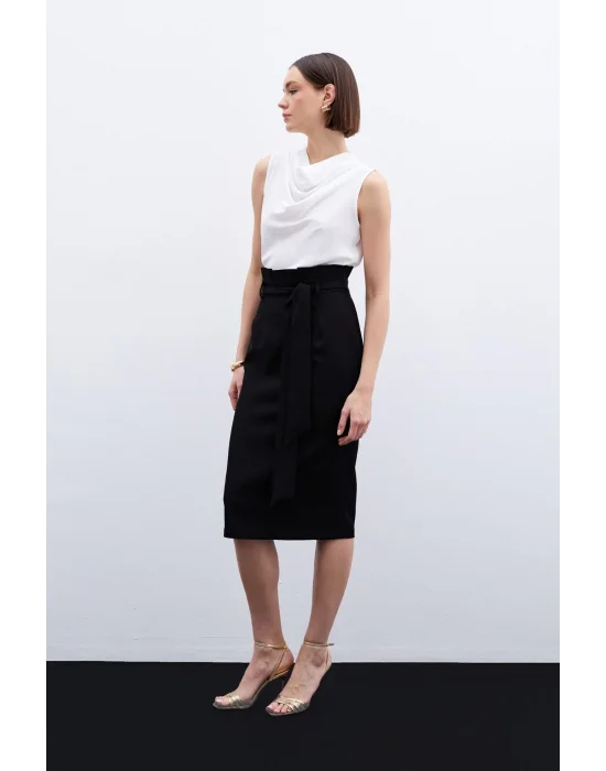 Kuşaklı Kalem Etek - Siyah