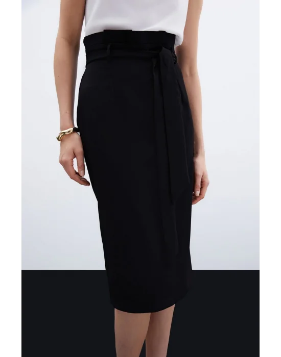 Kuşaklı Kalem Etek - Siyah