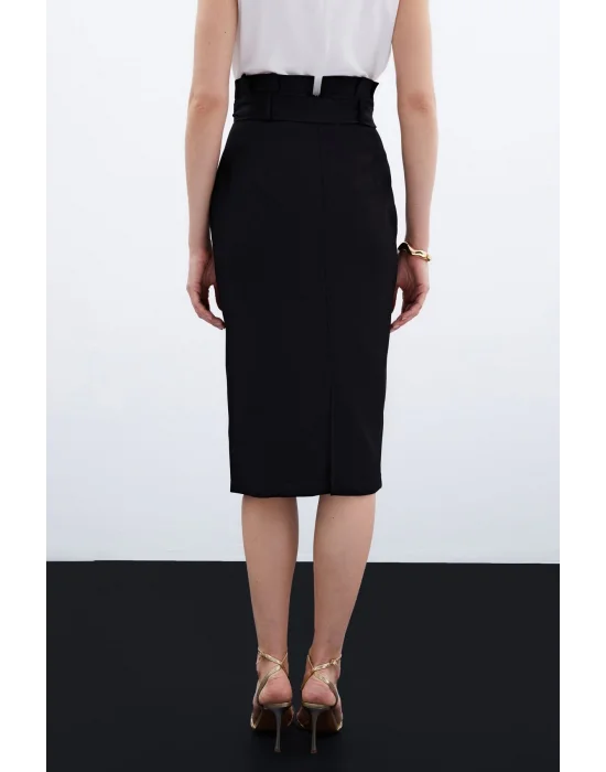 Kuşaklı Kalem Etek - Siyah
