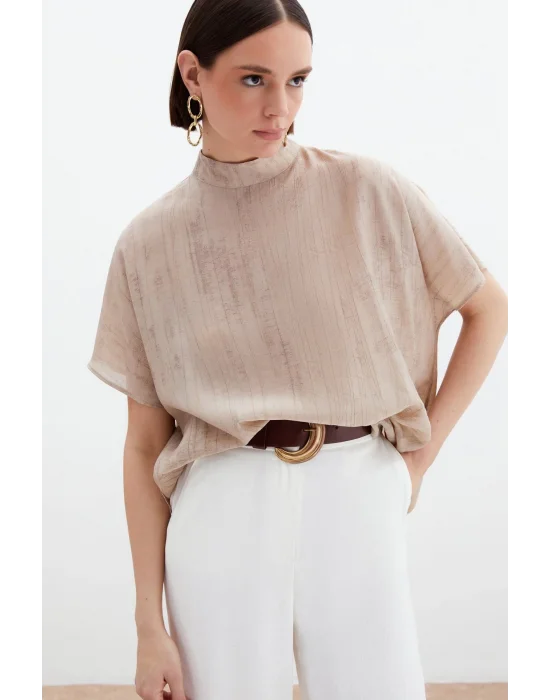 Desenli Salaş Bluz - Bej