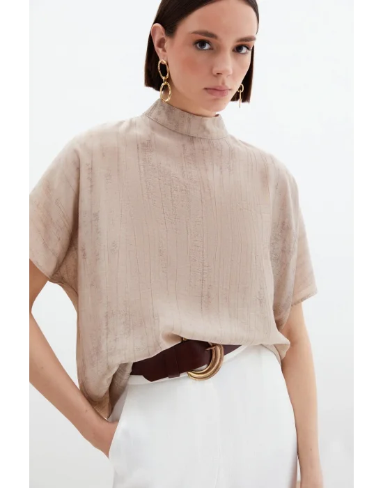 Desenli Salaş Bluz - Bej