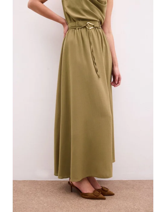 Kemerli Uzun Etek - Haki