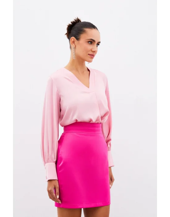 V Yaka Saten Bluz - PEMBE