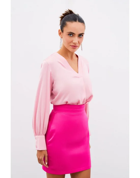 V Yaka Saten Bluz - PEMBE