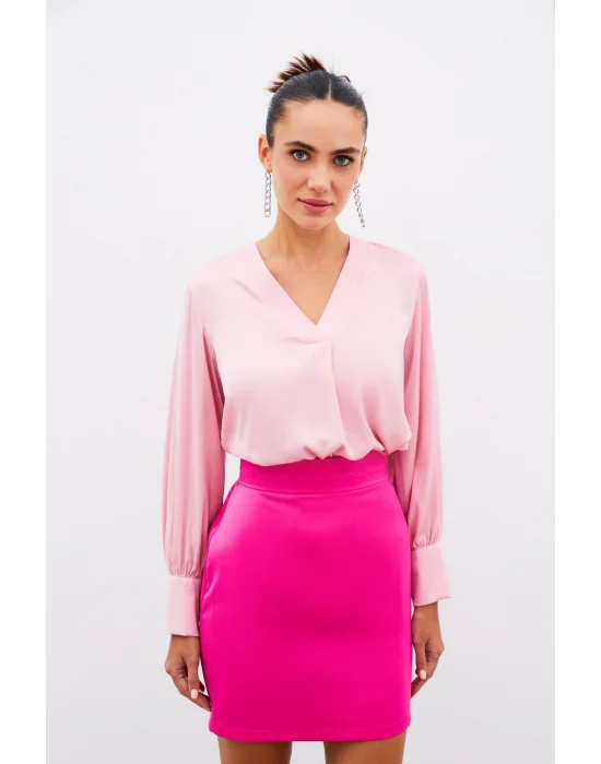 V Yaka Saten Bluz - PEMBE