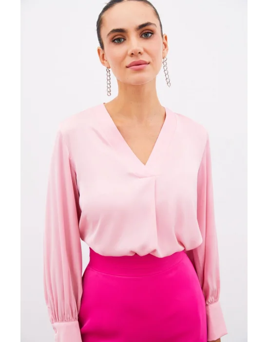 V Yaka Saten Bluz - PEMBE