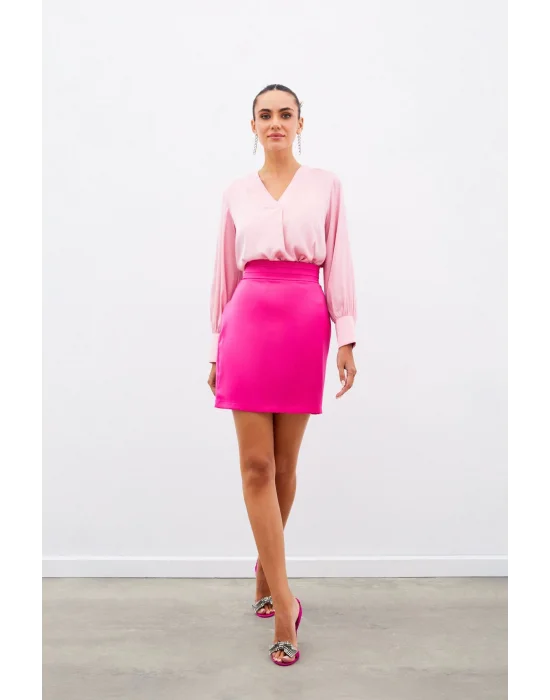 V Yaka Saten Bluz - PEMBE