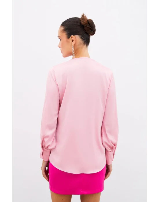 V Yaka Saten Bluz - PEMBE