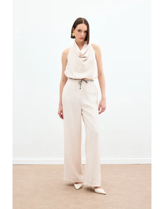 Örgü Kemerli Pantolon - Bej