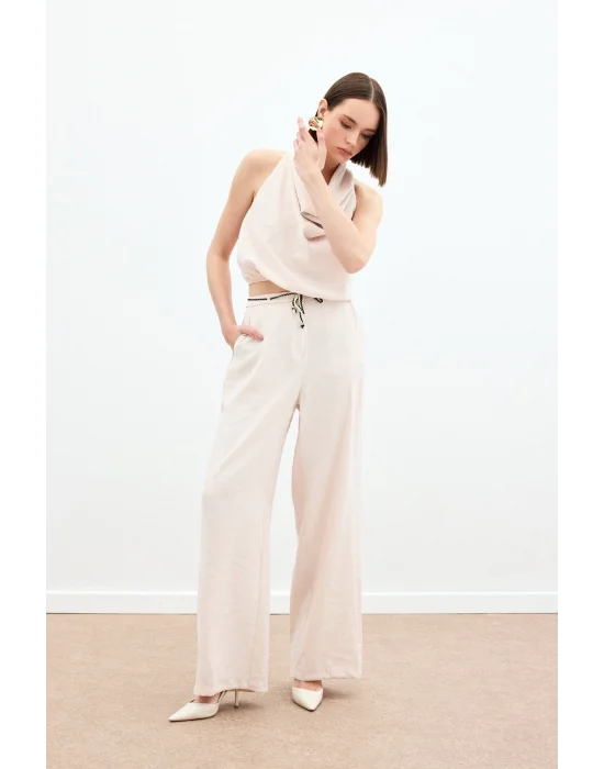 Örgü Kemerli Pantolon - Bej