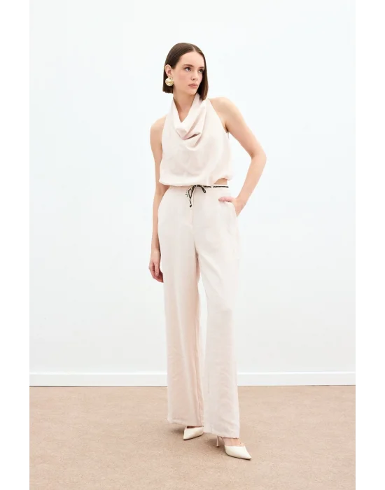 Örgü Kemerli Pantolon - Bej