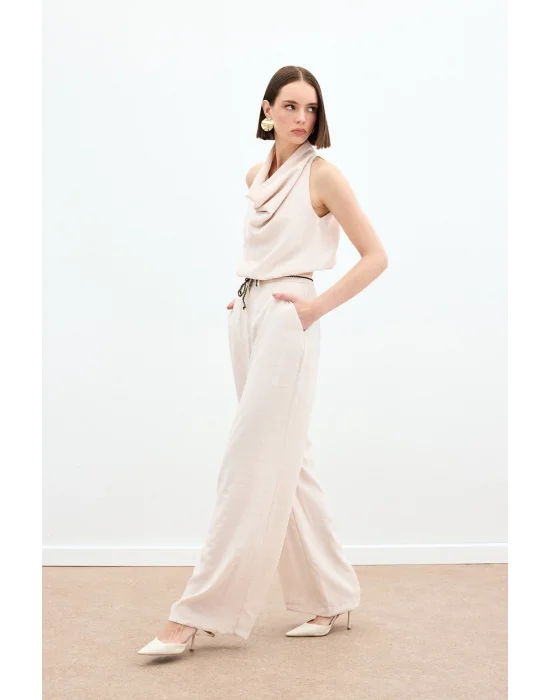 Örgü Kemerli Pantolon - Bej
