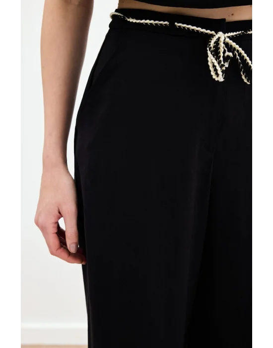 Örgü Kemerli Pantolon - Siyah