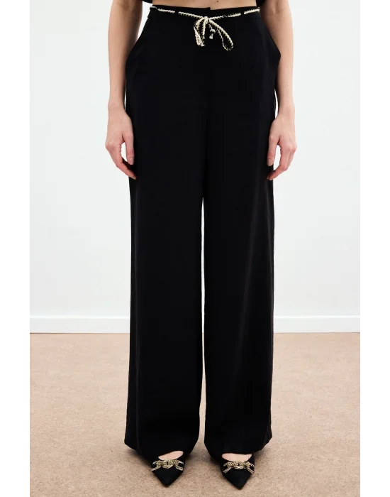 Örgü Kemerli Pantolon - Siyah