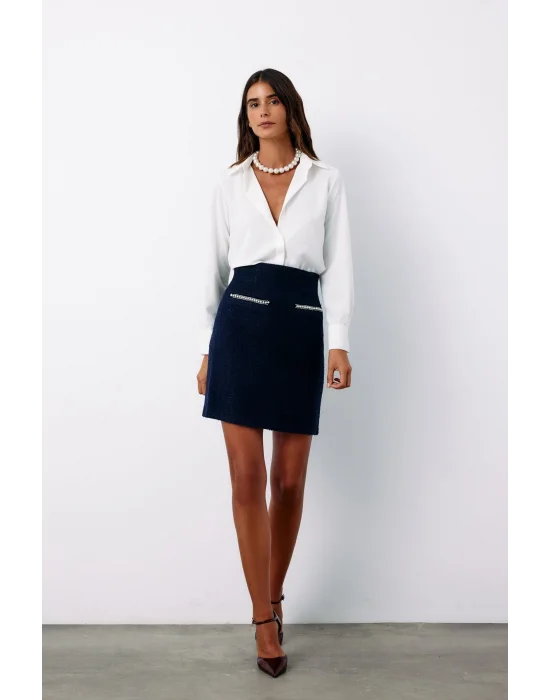 Aksesuar Detaylı Tüvit Etek - LACİVERT