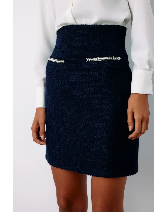 Aksesuar Detaylı Tüvit Etek - LACİVERT