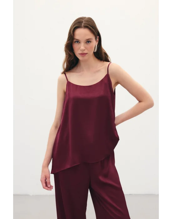 Askılı Saten Bluz - Bordo