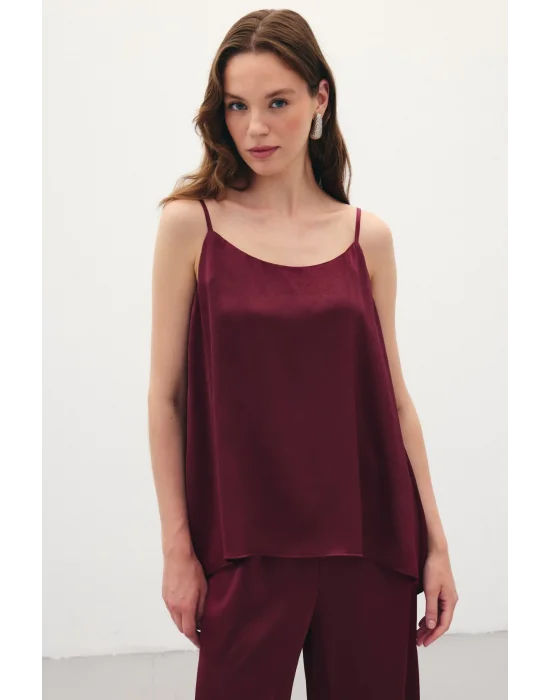 Askılı Saten Bluz - Bordo