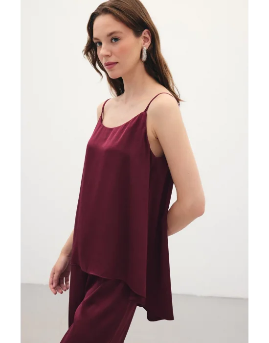 Askılı Saten Bluz - Bordo