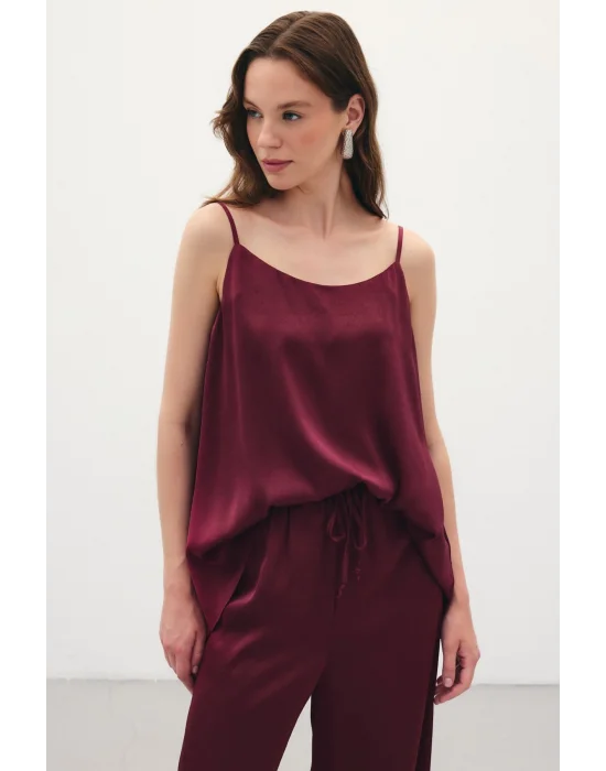 Askılı Saten Bluz - Bordo
