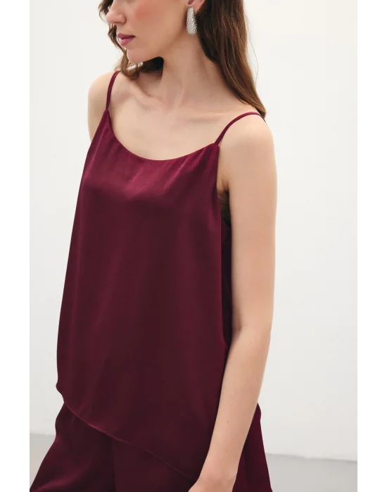 Askılı Saten Bluz - Bordo