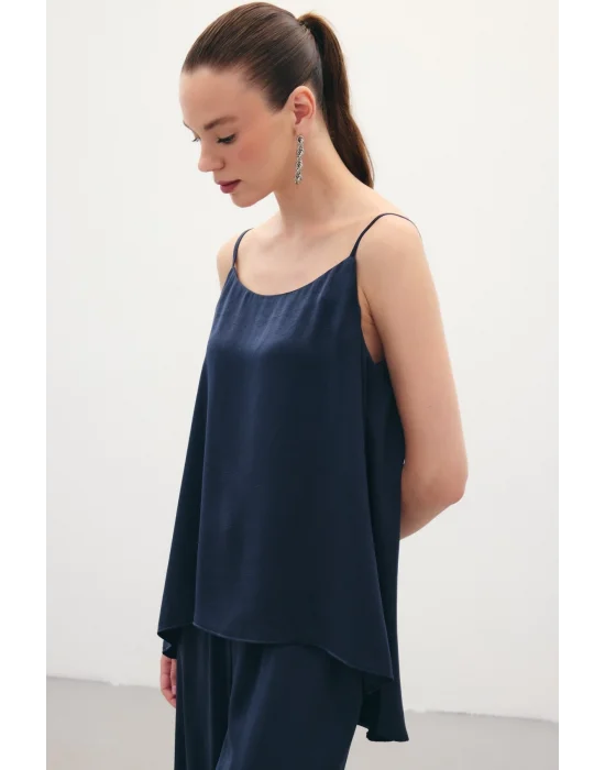 Askılı Saten Bluz - Lacivert