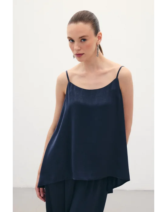 Askılı Saten Bluz - Lacivert