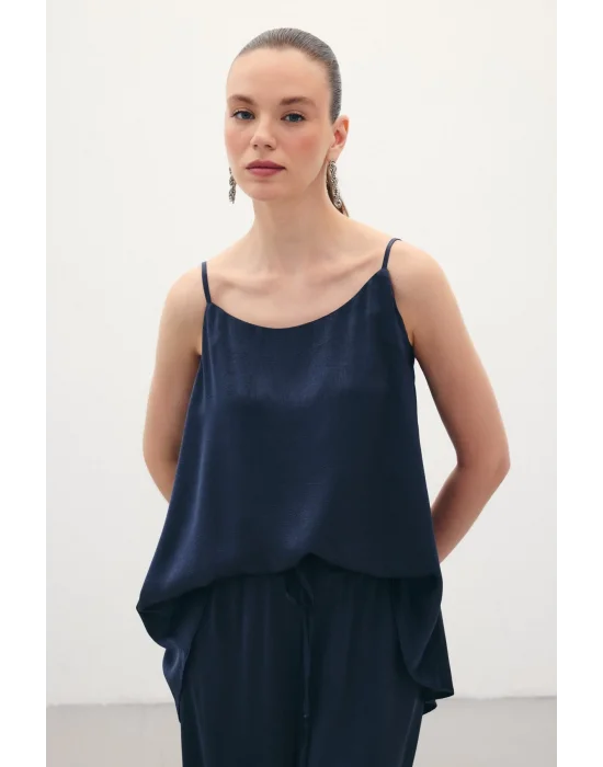 Askılı Saten Bluz - Lacivert