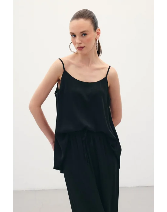 Askılı Saten Bluz - Siyah