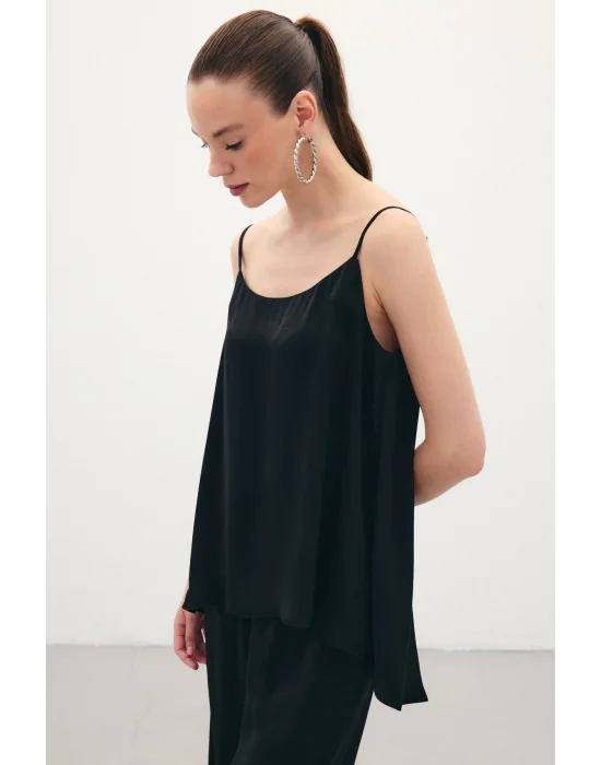 Askılı Saten Bluz - Siyah