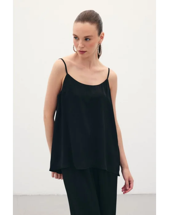 Askılı Saten Bluz - Siyah