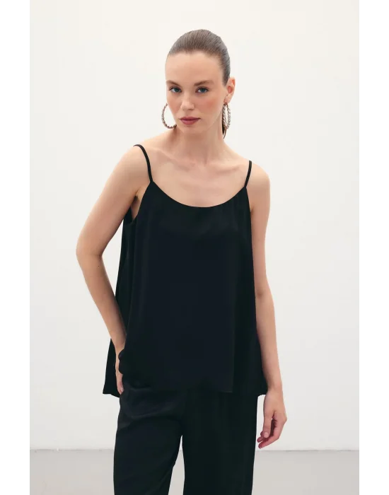 Askılı Saten Bluz - Siyah