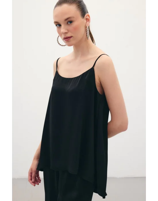 Askılı Saten Bluz - Siyah