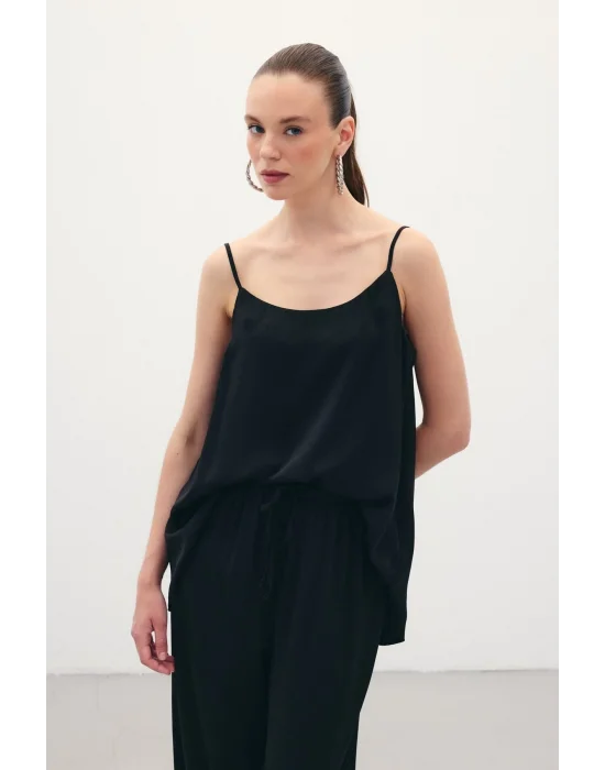 Askılı Saten Bluz - Siyah