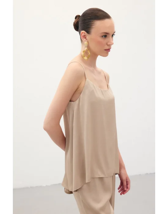 Askılı Saten Bluz - Vizon