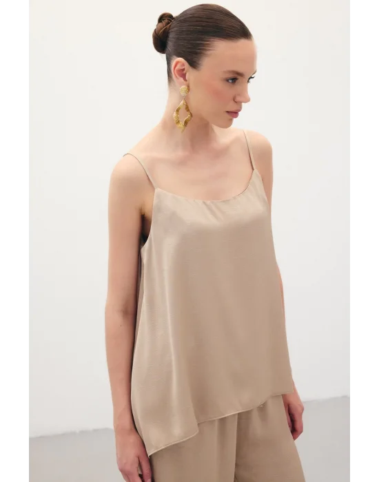 Askılı Saten Bluz - Vizon