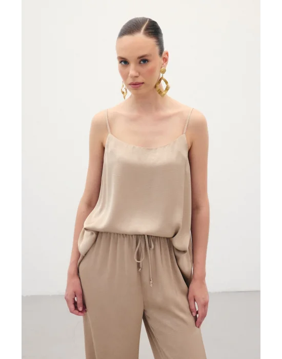 Askılı Saten Bluz - Vizon