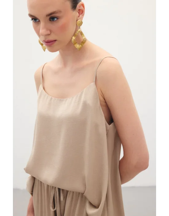 Askılı Saten Bluz - Vizon