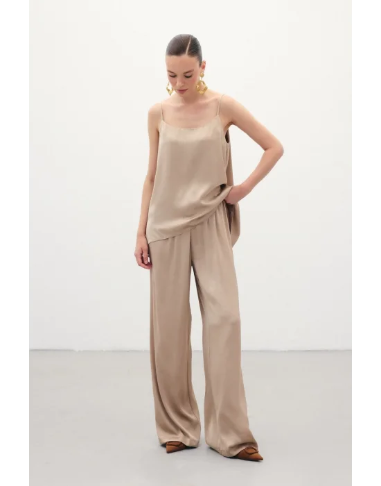 Askılı Saten Bluz - Vizon