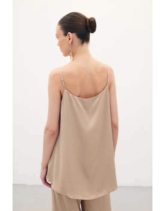 Askılı Saten Bluz - Vizon