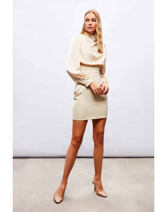 Bel Detaylı Mini Saten Etek - Bej