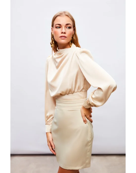Bel Detaylı Mini Saten Etek - Bej